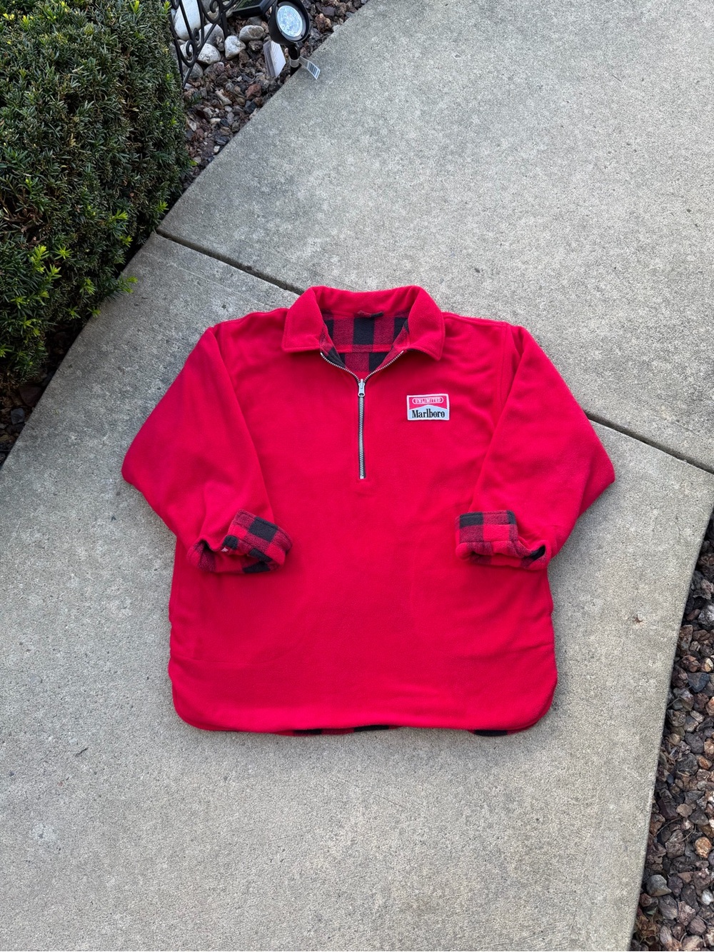 Vintage Marlboro Buffalo Plaid 1/2 Zip Pullover Reversible Fleece Jacket Size L